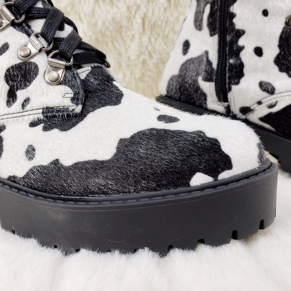 Savage Cow Combat Lace Up Knee Boots Faux Cow Print Brand New - Picture 14 of 17